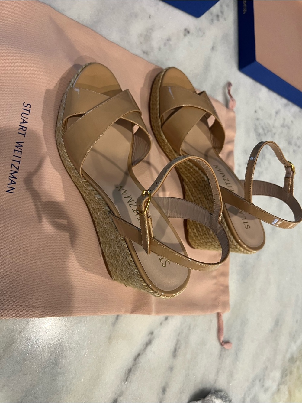 Stuart Weitzman Tan Leather Espadrille Wedge Sandals